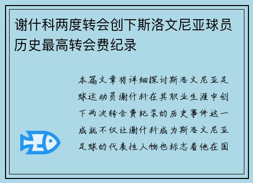 谢什科两度转会创下斯洛文尼亚球员历史最高转会费纪录
